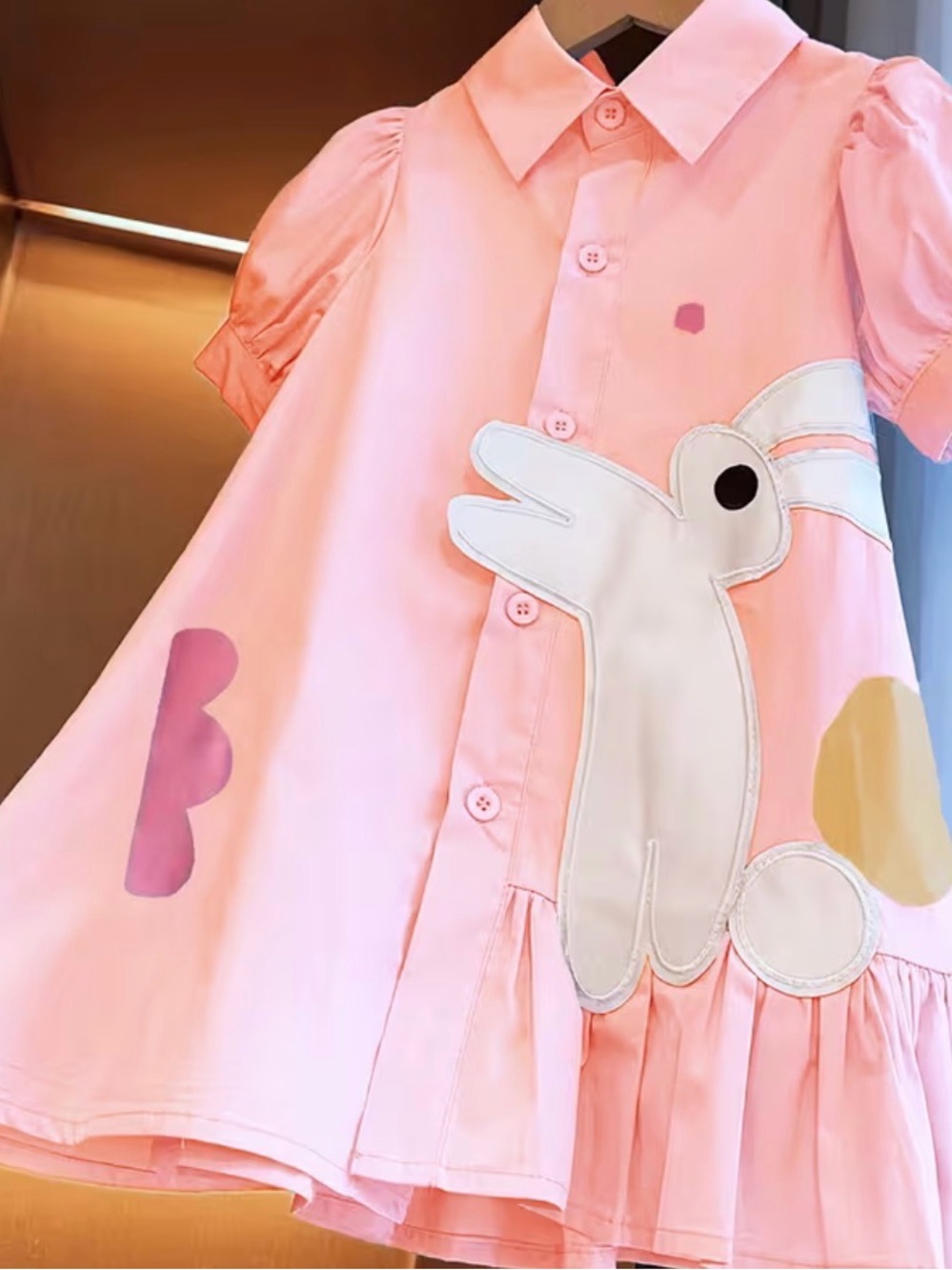 Pink Bunny Applique Button-Front Dress